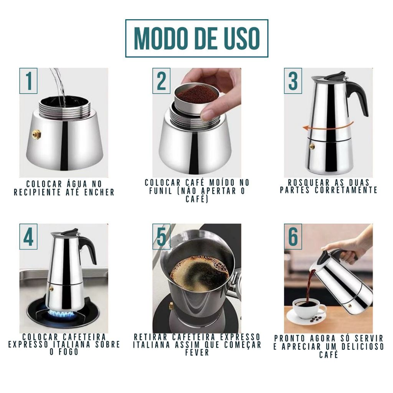 Maquina de Café Cafeteira Italiana 9 Xícaras Expresso e Moka Em Inox 4, 6 Xícaras