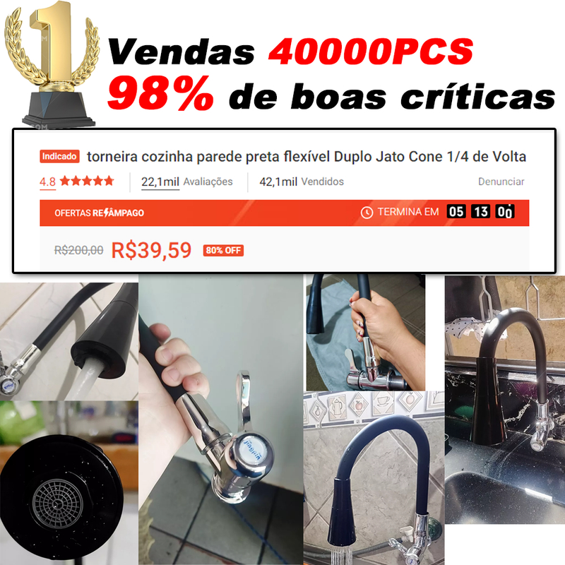 torneira cozinha parede preta flexível Duplo Jato Cone 1/4 de Volta