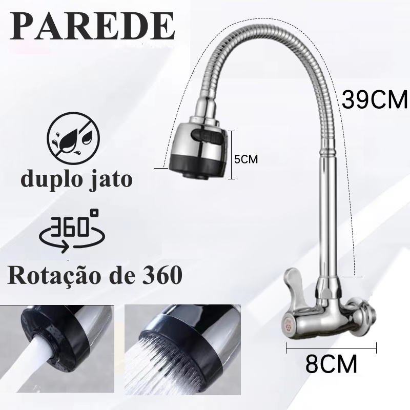 Torneira para Cozinha de Parede Flexível Duplo Jato Cone 1/4 de Volta