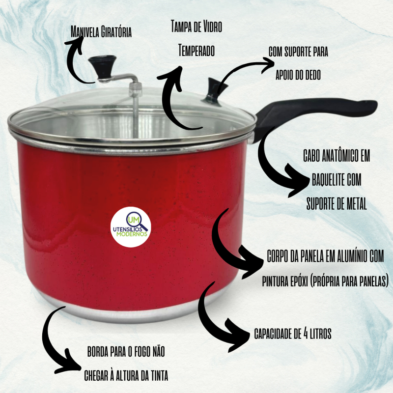 Panela Pipoqueira N°20 Alumínio com Tampa de Vidro 4 Litros(Pipoqueira de Aluminio)