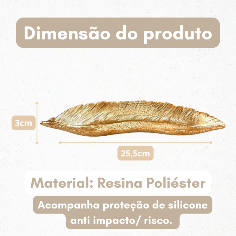 Enfeite Pena Bandeja Porta Treco Folha Decorativo Casa Luxo Dourado Presente Dia Das Mães