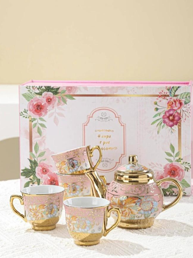 Jogo de Xícaras e Bule com 5 Peças de Café e Chá de Porcelana em Cerâmica de Luxo