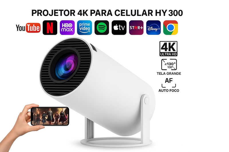 Projetor HY300 Pro 150" WiFi Bluetooth Android – Compatível Celular/TV Box/Xbox/PS/PC