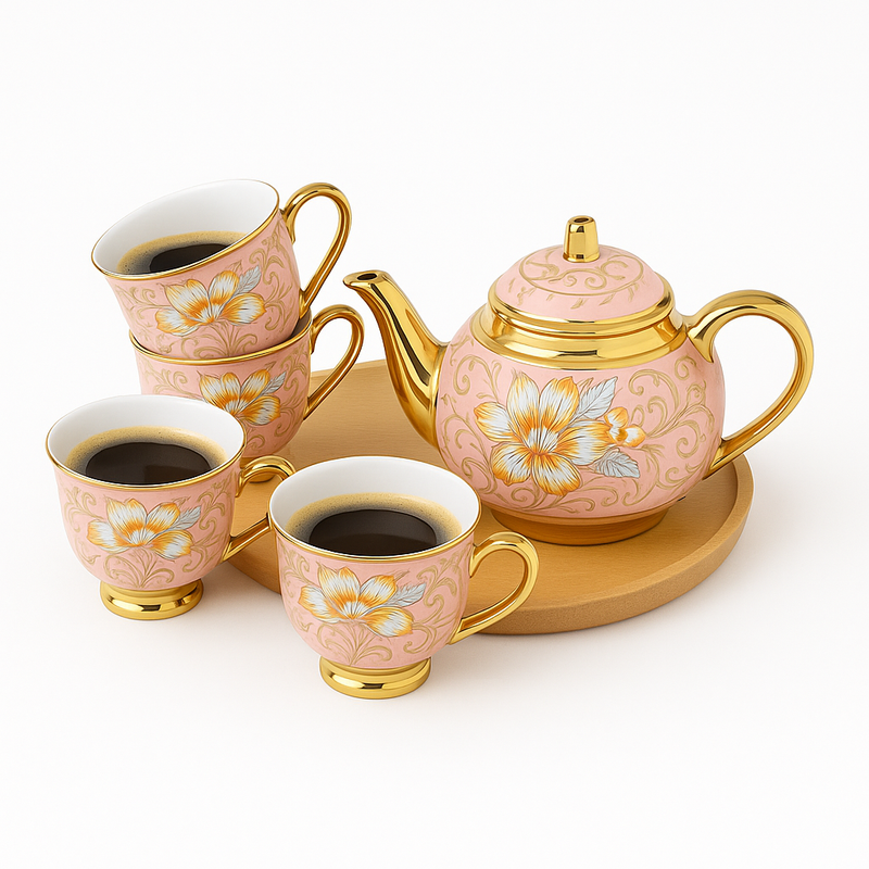 Conjunto de Chá Luxuoso 4 Xícaras 90 ml + Bule – Porcelana Floral com Detalhes Dourados