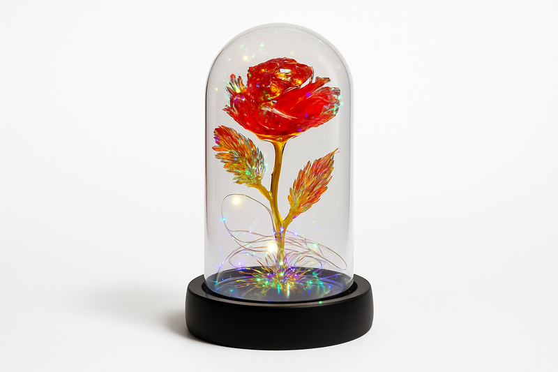Rosa decorativa com LED em cúpula de vidro