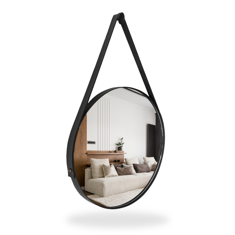 Espelho Adnet 30cm com Alça de Couro e Suporte para Banheiro Quarto Sala