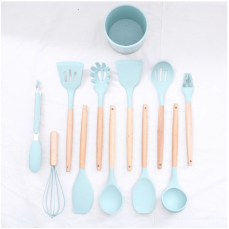 Jogo de Cozinha em Silicone com 12 Peças – Utensílios com Cabo de Madeira, Resistente a 230°C