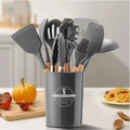 Jogo de Cozinha em Silicone com 12 Peças – Utensílios com Cabo de Madeira, Resistente a 230°C