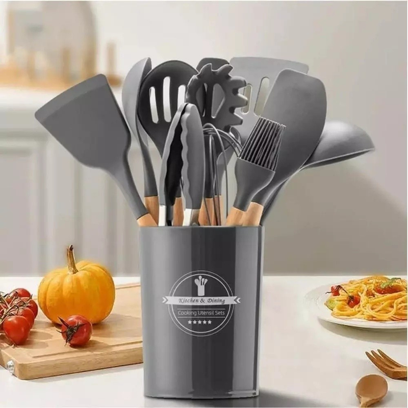 Jogo de Cozinha em Silicone com 12 Peças – Utensílios com Cabo de Madeira, Resistente a 230°C