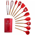 Jogo de Cozinha em Silicone com 12 Peças – Utensílios com Cabo de Madeira, Resistente a 230°C