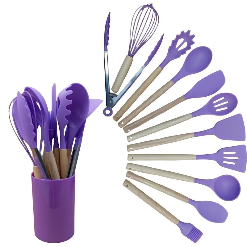 Jogo de Cozinha em Silicone com 12 Peças – Utensílios com Cabo de Madeira, Resistente a 230°C