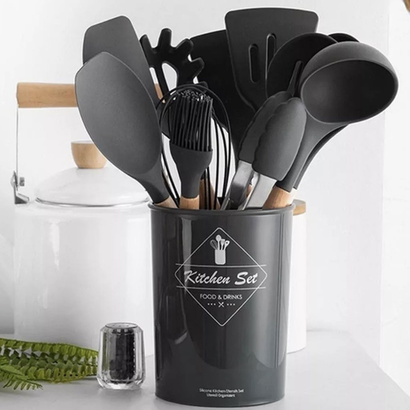 Jogo de Cozinha em Silicone com 12 Peças – Utensílios com Cabo de Madeira, Resistente a 230°C