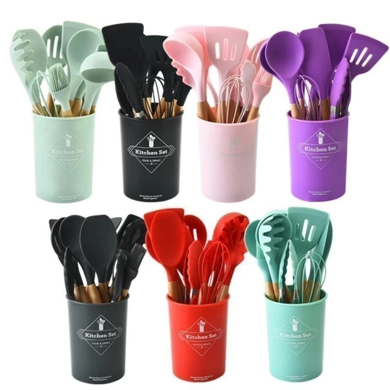 Jogo de Cozinha em Silicone com 12 Peças – Utensílios com Cabo de Madeira, Resistente a 230°C