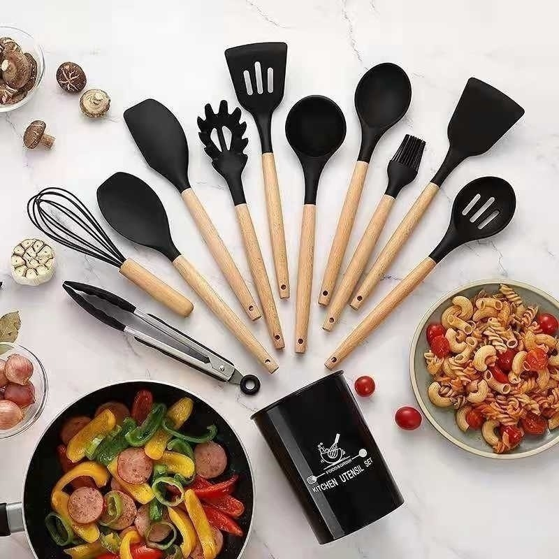 Jogo de Cozinha Kit C/12 Pçs de Silicone Utensílios e Copo Suporte para Cozinha Cabo de Madeira Ming