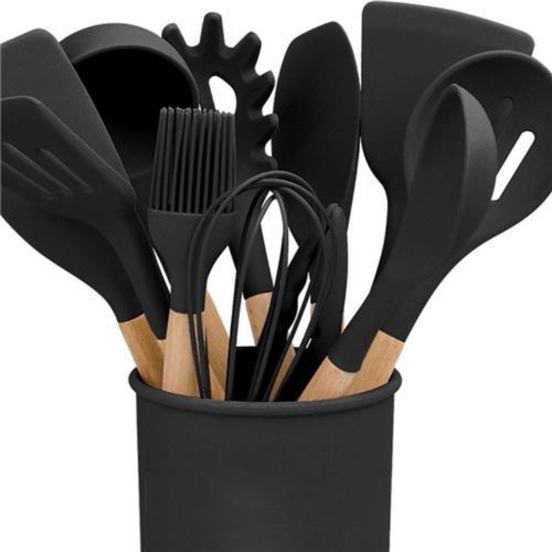 Jogo de Cozinha Kit C/12 Pçs de Silicone Utensílios e Copo Suporte para Cozinha Cabo de Madeira Ming