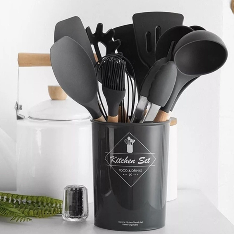 Jogo de Cozinha Kit C/12 Pçs de Silicone Utensílios e Copo Suporte para Cozinha Cabo de Madeira Ming